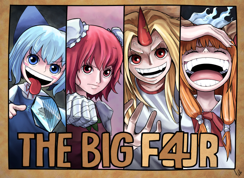 4girls 4rdilla :d bandaged_arm bandages blonde_hair blue_bow blue_eyes blue_hair bow bowtie bun_cover cirno closed_eyes closed_mouth collared_shirt commentary_request cone_horns double_bun frog frown frozen_frog hair_bow hair_bun highres horns hoshiguma_yuugi ibaraki_kasen ibuki_suika laughing long_hair looking_at_viewer multiple_girls oda_eiichirou_(style) odd_one_out one_piece open_mouth orange_hair parody parted_bangs pink_eyes pink_hair red_bow red_bowtie red_eyes red_horns shirt short_hair single_horn smile star_(symbol) style_parody tongue tongue_out touhou upper_body v-shaped_eyebrows white_shirt