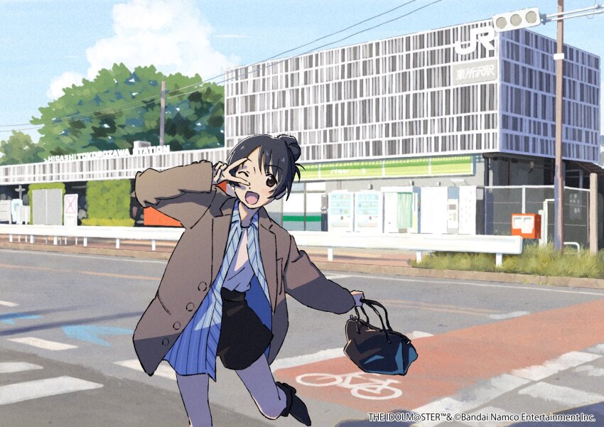 1girl bag black_hair brown_eyes coat copyright_name copyright_notice fragments_of_the_idolmaster_cinderella_girls highres idolmaster idolmaster_cinderella_girls intersection looking_at_viewer official_art one_eye_closed open_clothes open_coat open_mouth outdoors real_world_location shorts smile solo tomoke v v_over_eye yaguchi_miu