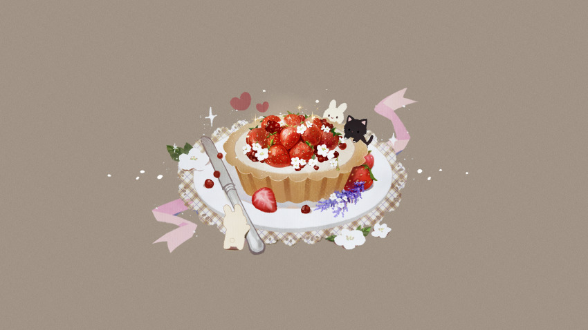 animal black_cat blue_flower rabbit cat closed_mouth danby_merong doily flower food food_focus fruit grey_background heart highres knife no_humans original plaid simple_background smile sparkle strawberry white_flower