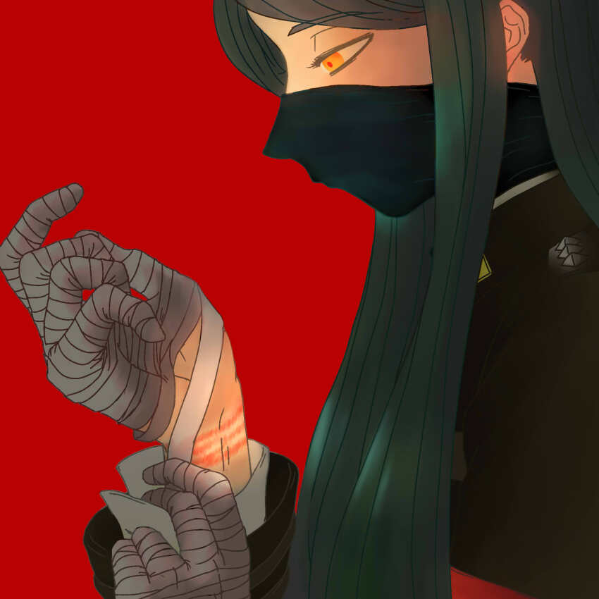 1boy armband bandaged_hand bandages bruise covered_mouth danganronpa_(series) danganronpa_v3:_killing_harmony gakuran green_gakuran green_hair highres injury jacket kongfeizhong long_hair looking_down male_focus mask mouth_mask profile red_armband red_background rope_marks school_uniform shinguji_korekiyo solo upper_body yellow_eyes