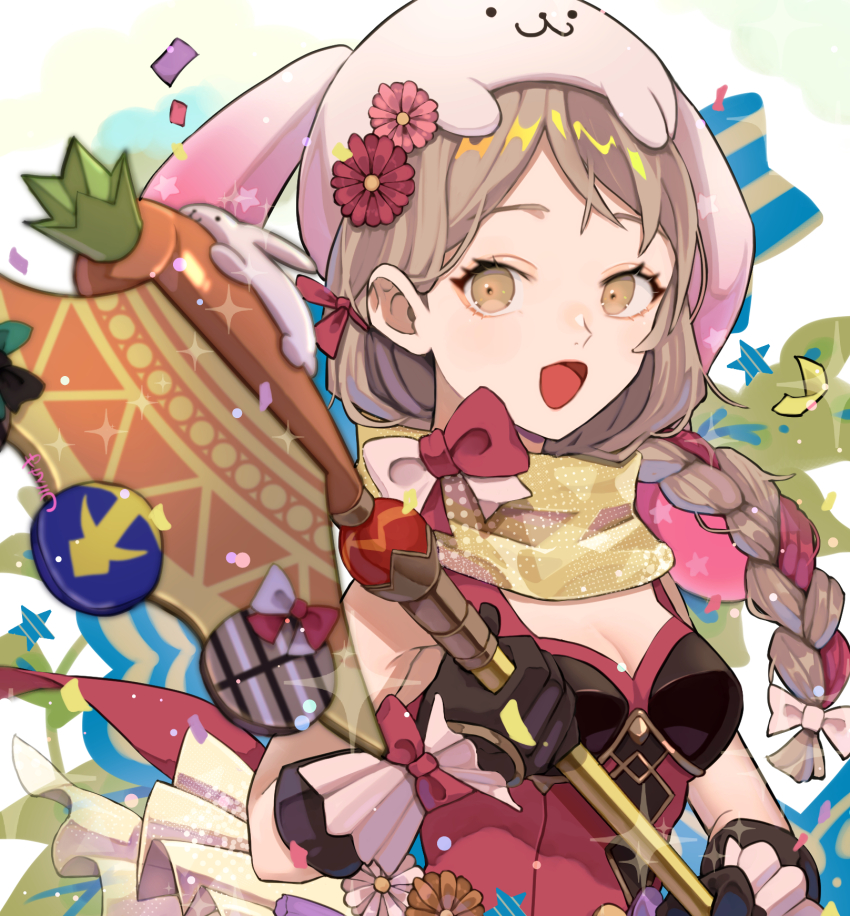 1girl animal_hat axe bow braid breasts brown_eyes brown_hair cleavage easter fire_emblem fire_emblem_engage fire_emblem_heroes flower framme_(fire_emblem) framme_(spring)_(fire_emblem) gloves hair_flower hair_ornament hat highres holding holding_weapon looking_at_viewer nintendo open_mouth rabbit_hat scarf small_breasts smile solo upper_body weapon yachimata_1205