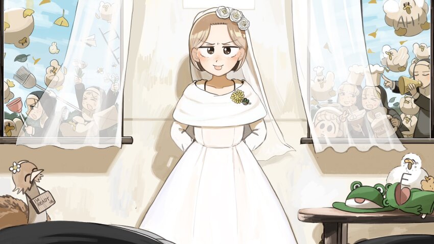 6+girls bee bird black_hair blonde_hair bottle bridal_veil bride broom brown_eyes brown_hair bug bunny_nun_(diva) chef_hat chicken closed_eyes commentary daisy diva_(hyxpk) dress duck english_commentary flower freckles freckles_nun_(diva) frog_hat froggy_nun&#039;s_mother_(diva) green_hat grey_hair habit hair_flower hair_ornament hat highres insect ladder leaf_nun_(diva) little_nuns_(diva) milk milk_bottle mole mole_on_cheek mole_under_mouth multiple_girls nun ostrich paper_airplane rabbit_hair_ornament rose smug_nun_(diva) star_nun_(diva) strict_nun_(diva) tongue tongue_out traditional_nun unworn_hat unworn_headwear veil wedding_dress white_dress white_flower white_rose