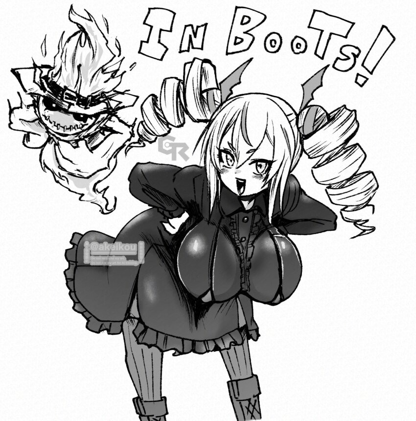 1girl akeikou blush breasts character_name cowboy_shot digimon digimon_card_game digimon_liberator dress drill_hair ghost ghostmon greyscale highres large_breasts long_hair monochrome open_mouth pantyhose simple_background smile twin_drills violet_inboots white_background