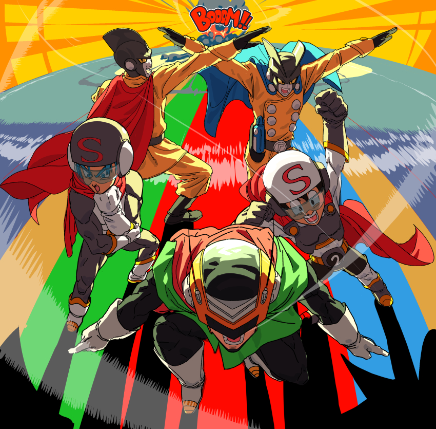 5boys absurdres android assault_visor black_bodysuit black_eyes black_hair blue_cape blue_eyes blue_hair bodysuit boots cape colored_sclera colored_skin dragon_ball dragon_ball_super dragon_ball_super_super_hero dragonball_z energy_gun explosion gamma_1 gamma_2 gloves great_saiyaman green_tunic grey_bodysuit grey_footwear grey_gloves grey_helmet grey_skin group_picture group_pose helmet highres jacket male_focus multiple_boys nachairo orange_helmet pants red_cape red_scarf saiyaman_x-1 saiyaman_x-2 scarf tunic weapon white_bodysuit white_footwear white_gloves white_helmet yellow_jacket yellow_pants yellow_sclera