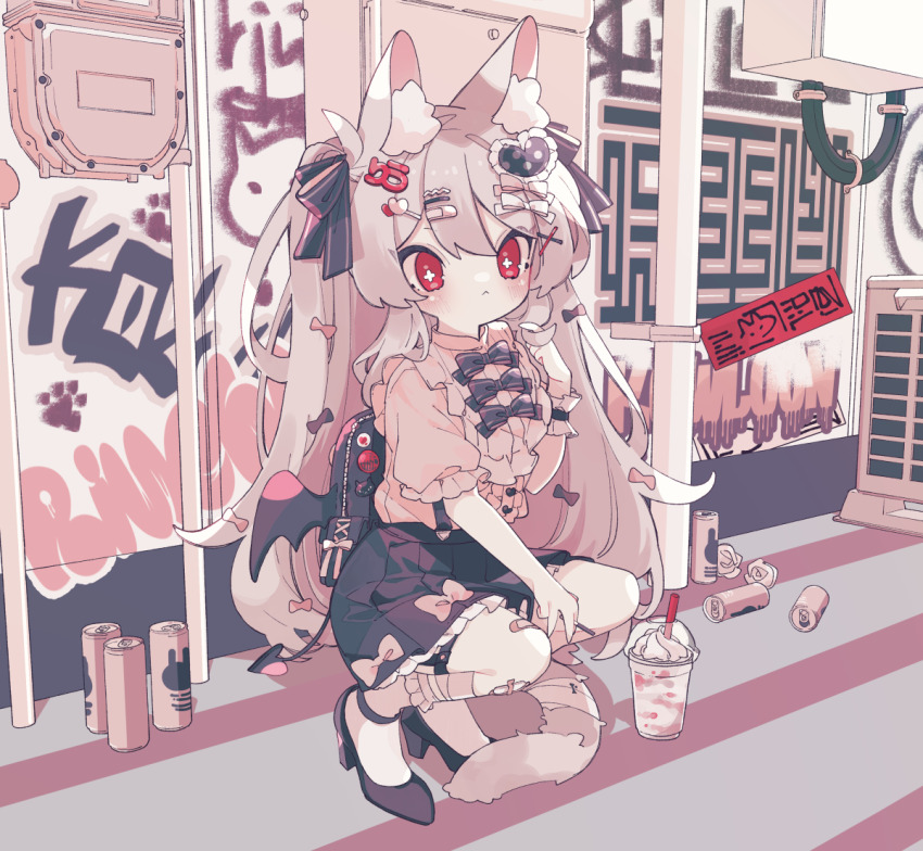 1girl :&lt; animal_ear_fluff animal_ears backpack bag bandaged_tail bandaid bandaid_hair_ornament bib_collar black_bag black_ribbon black_shoes black_skirt blonde_hair blush bow bright_pupils can cat_ears cat_girl cat_tail center_frills closed_mouth commentary cross-shaped_pupils dated_commentary double-parted_bangs drink drink_can drinking_straw eyes_visible_through_hair frilled_sleeves frills frown full_body graffiti hair_bow hair_ornament hair_ribbon hairclip heart heart_hair_ornament high_heels jirai_kei long_hair original outdoors ozureiji petticoat pink_bow pink_shirt puffy_short_sleeves puffy_sleeves red_eyes ribbon shirt shoes short_sleeves skirt solo squatting suspender_skirt suspenders symbol-only_commentary symbol-shaped_pupils tail tsurime very_long_hair white_bow white_hair white_pupils winged_bag x_hair_ornament