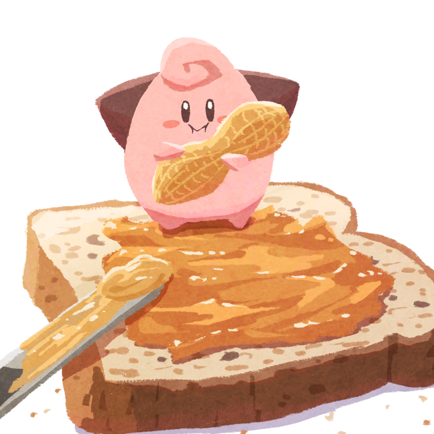 :i bread bread_slice brown_eyes cleffa closed_mouth colored_skin commentary_request eating food gen_2_pokemon highres holding holding_food kitchen_knife looking_at_viewer miclot nintendo no_humans peanut peanut_butter pink_skin pokemon pokemon_(creature) simple_background standing white_background