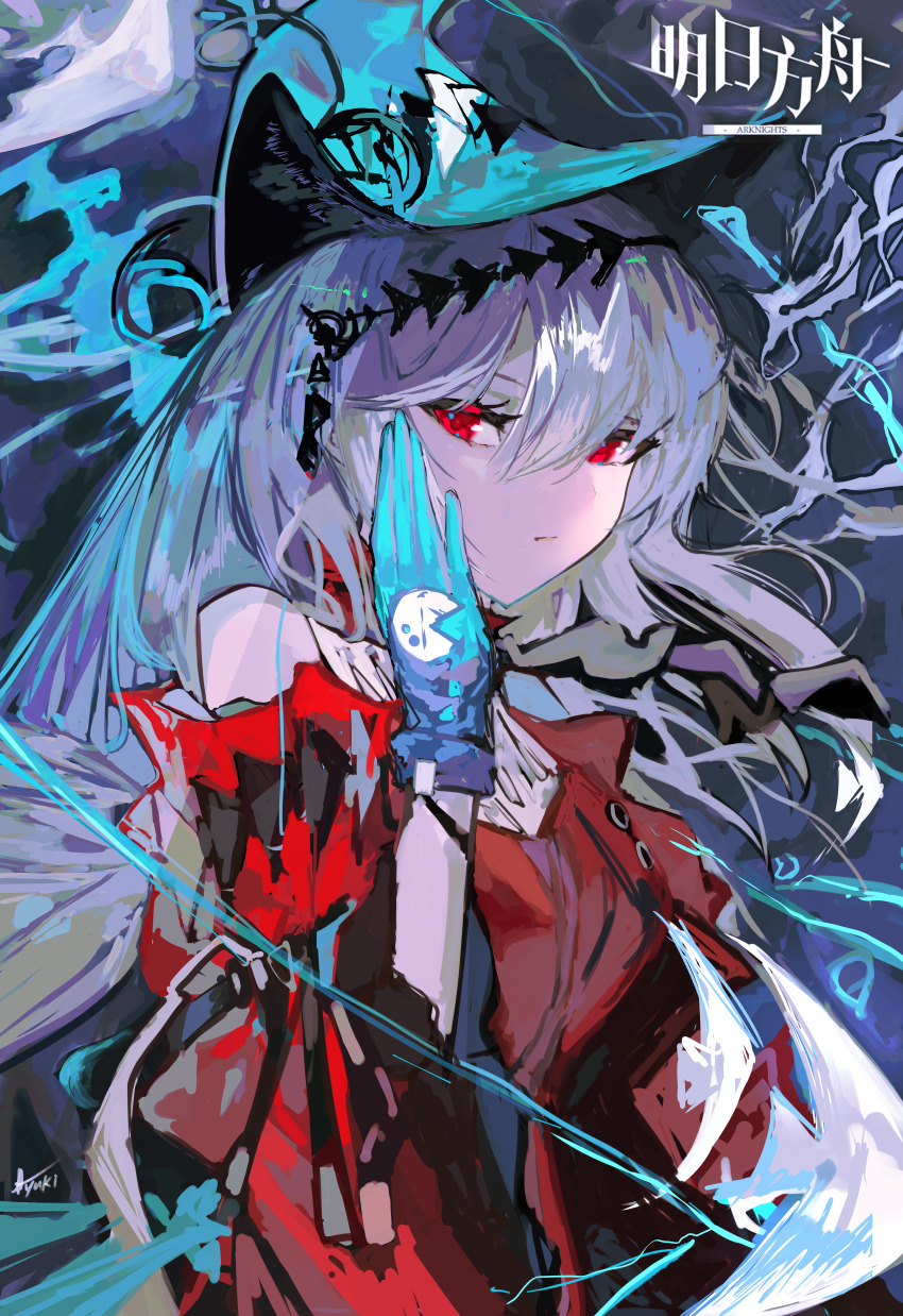 1girl absurdres angelfish aqua_gloves aqua_hat arknights ascot bare_shoulders black_ascot breasts closed_mouth detached_sleeves dress fish gloves hair_between_eyes hair_ornament hand_on_own_face hat highres logo long_hair long_sleeves looking_at_viewer medium_breasts off-shoulder_dress off_shoulder official_alternate_costume pointy_hat red_dress red_eyes red_sleeves signature skadi_(arknights) skadi_the_corrupting_heart_(arknights) solo tropical_fish upper_body very_long_hair water white_hair yuki_flourish
