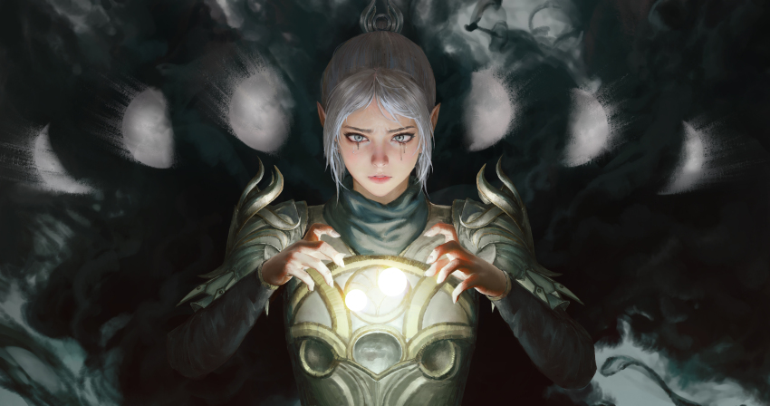 1girl absurdres armor baldur&#039;s_gate baldur&#039;s_gate_3 braid dungeons_&amp;_dragons dungeons_&amp;_dragons elf green_eyes highres long_hair magic multi-tied_hair pointy_ears scar scar_on_face shadowheart_(baldur&#039;s_gate) solo white_hair xianggang_jizhe