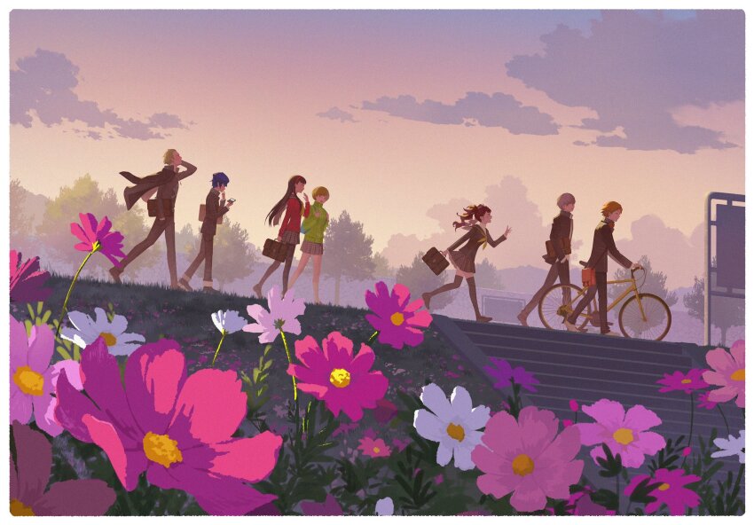 3boys 4girls amagi_yukiko bag bicycle black_hair black_jacket black_pants black_pantyhose black_thighhighs blonde_hair blue_hair brown_hair cloud commentary_request evening flower from_side grass green_jacket grey_hair grey_skirt hairband hanamura_yousuke hand_in_pocket hat highres jacket jacket_on_shoulders kujikawa_rise long_hair long_sleeves multiple_boys multiple_girls narukami_yu outdoors pants pantyhose persona persona_4 pink_flower pleated_skirt pushing_bicycle red_hairband s_saremi satonaka_chie school_uniform shirogane_naoto short_hair skirt sky stairs tatsumi_kanji thighhighs tree walking white_flower yasogami_school_uniform