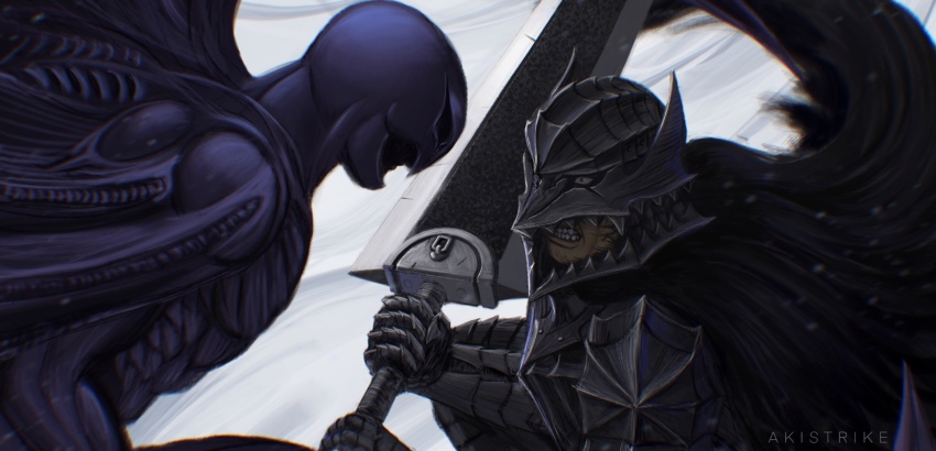 2boys aki_(akistrike) armor artist_name berserk berserker_armor black_armor black_cloak bodysuit clenched_teeth cloak commentary dragonslayer_(sword) english_commentary face_in_shadow femto_(berserk) fighting griffith_(berserk) guts_(berserk) helmet highres holding holding_sword holding_weapon looking_at_another male_focus multiple_boys purple_bodysuit shoulder_armor sword teeth weapon