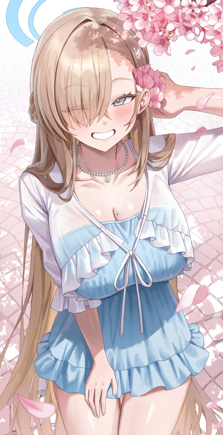 1girl absurdres alternate_costume arm_behind_head asuna_(blue_archive) bead_necklace beads blonde_hair blue_archive blue_dress blue_eyes blue_nails breasts cardigan cropped_jacket dress eyes_visible_through_hair flower grin hair_behind_ear hair_flower hair_ornament hair_over_one_eye highres jewelry long_hair looking_at_viewer m0_0m_c mole mole_on_breast necklace one_eye_closed pink_flower pink_petals sidelocks smile solo white_cardigan