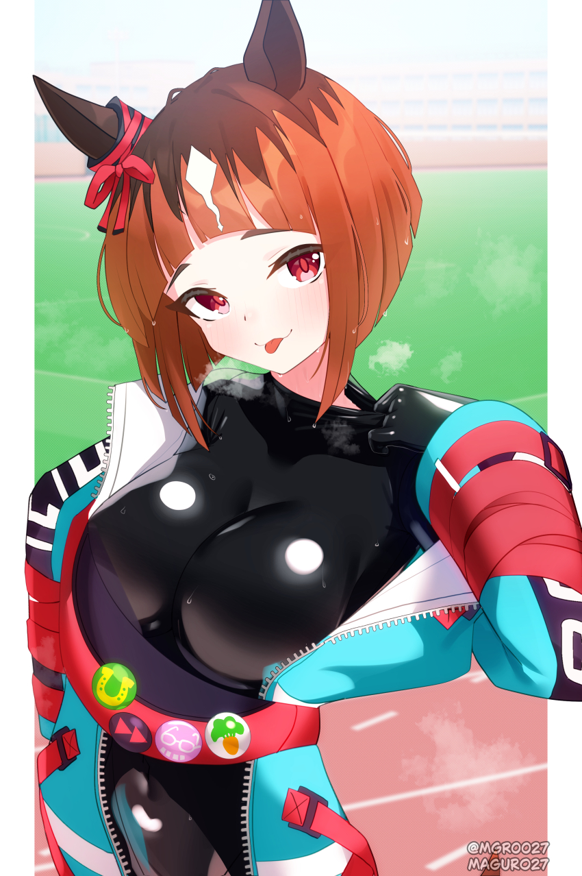 1girl absurdres animal_ears arched_bangs black_bodysuit blue_jacket blunt_bangs blunt_ends blush bodysuit breasts closed_mouth commentary commission covered_navel highres horse_ears horse_girl impossible_bodysuit impossible_clothes jacket large_breasts latex latex_bodysuit maguro27 mixed-language_commentary open_clothes open_jacket orange_hair pixiv_commission red_eyes short_hair smile solo steaming_body sweat tongue tongue_out transcend_(umamusume) umamusume