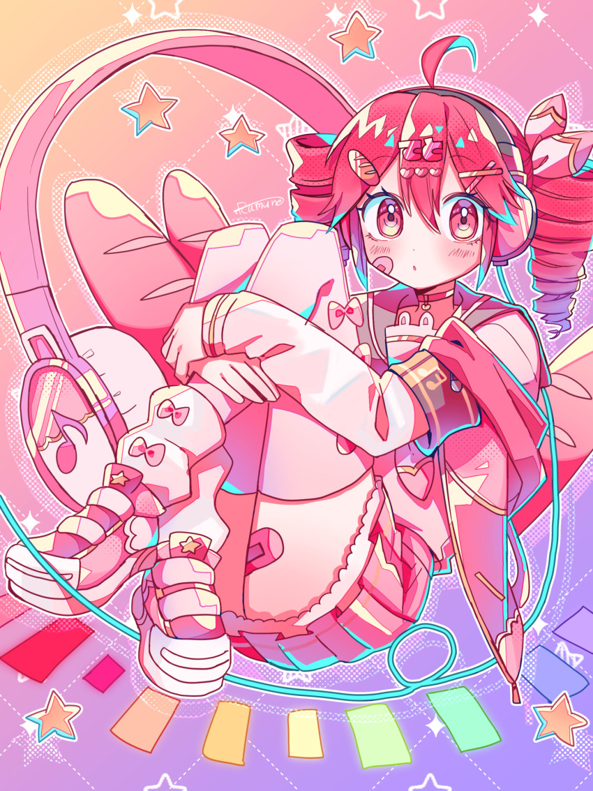 1girl :o ahoge alternate_costume armband baguette bandaid bandaid_on_cheek bandaid_on_face bandaid_on_thigh blush bow bread bread_hair_ornament cable choker crossed_ankles drill_hair food food-themed_hair_ornament full_body gradient_background hair_ornament hairclip headphones heart heart_choker heart_hair_ornament highres hugging_own_legs jacket kasane_teto kasane_teto_(sv) leg_warmers looking_at_viewer parted_lips pink_bow pink_jacket pink_shoes pink_skirt pink_thighhighs pleated_skirt red_choker red_eyes red_hair sailor_collar shoes skirt sneakers solo star_(symbol) synthesizer_v thighhighs twin_drills utau yuusuke-kun