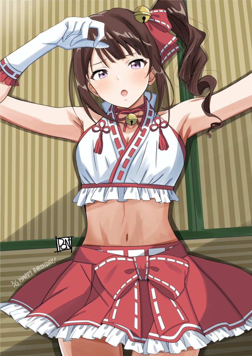 1girl :o arms_up bare_shoulders bell blunt_bangs blush bow breasts cleavage collarbone concept_maihime_(idolmaster) cowboy_shot dated day dot_nose elbow_gloves eyelashes frilled_gloves frilled_shirt frilled_skirt frills gloves hair_bell hair_ornament hair_ribbon halter_shirt halterneck hand_on_own_forehead happy_birthday highres idolmaster idolmaster_million_live! idolmaster_million_live!_theater_days indoors jingle_bell long_hair lying midriff miniskirt navel neck_bell nontraditional_miko on_back open_mouth pleated_skirt ponpon purple_eyes red_ribbon red_skirt ribbon ribbon-trimmed_gloves ribbon-trimmed_shirt ribbon_trim shirt side_ponytail sidelocks signature skirt sleeveless sleeveless_shirt solo tatami waist_bow white_gloves yokoyama_nao