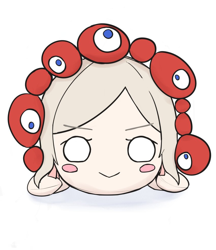 &gt;:) 1girl :&gt; absurdres blush_stickers ceras_yanagida_lilienfeld character_doll commentary doll expo2025 grey_hair hair_ribbon highres link!_like!_love_live! love_live! myaku-myaku nesoberi official_alternate_costume panaham parted_bangs pink_ribbon ribbon simple_background solo v-shaped_eyebrows virtual_youtuber white_background