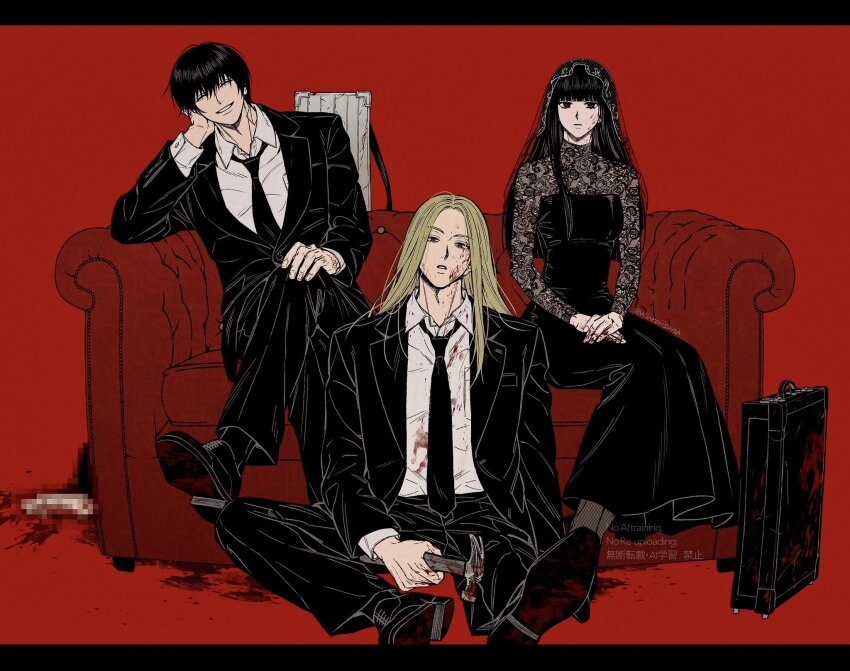 1girl 2boys adam&#039;s_apple armrest black_dress black_eyes black_hair black_jacket black_necktie black_pants black_shoes black_suit blonde_hair blood blood_on_cheek blood_on_clothes blood_on_hands blood_on_shoes bloody_weapon blunt_bangs closed_eyes closed_mouth commentary_request couch crossed_legs dress expressionless forehead formal_clothes full_body grin hand_on_own_knee hands_on_own_thighs head_rest head_tilt highres jacket kuroiisana lace_trim leaning_to_the_side light_frown long_hair looking_at_viewer multiple_boys nagumo_(sakamoto_days) necktie on_couch on_floor open_clothes open_jacket osaragi_(sakamoto_days) own_hands_together pants parted_lips red_background sakamoto_days see-through_clothes see-through_veil shishiba_(sakamoto_days) shoes short_hair simple_background sitting smile straight_hair suit suitcase teeth veil very_long_hair watermark weapon