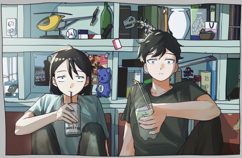 1boy 1girl baby_driver ball baseball_(object) black_eyes black_hair book bottle can clipboard closed_mouth dinosaur_skeleton electrical_outlet futsuu_no_keion-bu grey_eyes grey_shirt hatono_chihiro highres holding holding_bottle holding_can indoors john_wick knee_up knees_up mizuo_haruichi monster_energy poster_(object) shirt short_hair short_sleeves sitting t-shirt toy_helicopter tsumitobat79121 vase