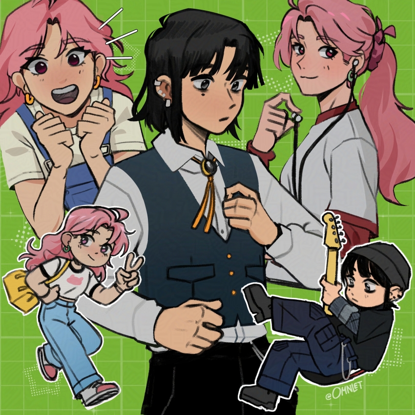 2girls :d absurdres bag beanie black_gemstone black_hair black_hat black_pants blue_overalls bolo_tie chain clenched_hands closed_mouth collared_shirt commentary cowboy_shot denim dress_shirt ear_piercing earphones earrings electric_guitar excited formal_clothes full_body gem green_background grey_eyes grid_background guitar halftone happy happy_aura hat highres holding holding_earphones holding_guitar holding_instrument hoop_earrings instrument jeans jewelry kininatteru_hito_ga_otoko_ja_nakatta koga_mitsuki layered_sleeves long_hair long_sleeves looking_to_the_side midriff_peek mole mole_under_eye multiple_girls multiple_views omnlet oosawa_aya open_mouth overalls pants parted_bangs piercing pink_eyes pink_hair ponytail shirt shirt_tucked_in shoes short_hair short_over_long_sleeves short_sleeves shoulder_bag smile sneakers star_(symbol) t-shirt tomboy twitter_username v vest waistcoat wavy_hair white_shirt yellow_bag