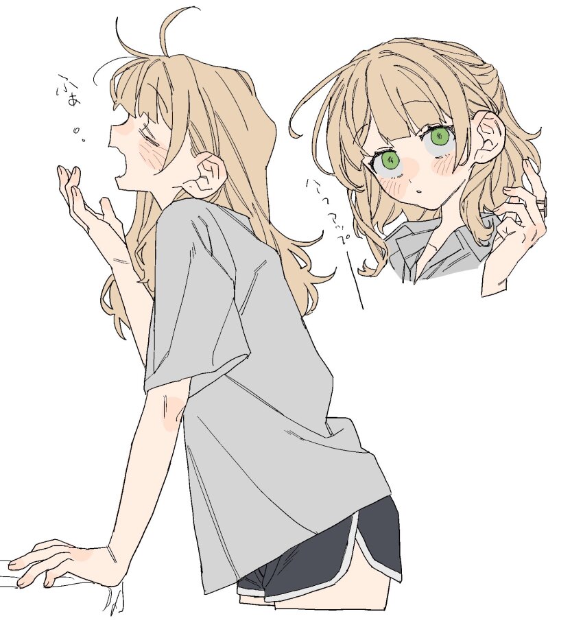 1girl dayama from_side green_eyes highres kaburaki_roco multiple_views nijisanji short_sleeves shorts virtual_youtuber white_background yawning