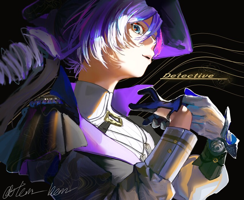 1girl absurdres adjusting_clothes adjusting_gloves asymmetrical_gloves black_background black_gloves black_hat black_vest blue_eyes character_name detective_(silver_palace) drill_hair female_detective_(silver_palace) from_side glove_pull gloves hands_up hat highres looking_at_viewer mismatched_gloves parted_lips profile red_pupils shirt silver_palace solo tenn_binn twitter_username upper_body vest white_gloves white_hair white_shirt