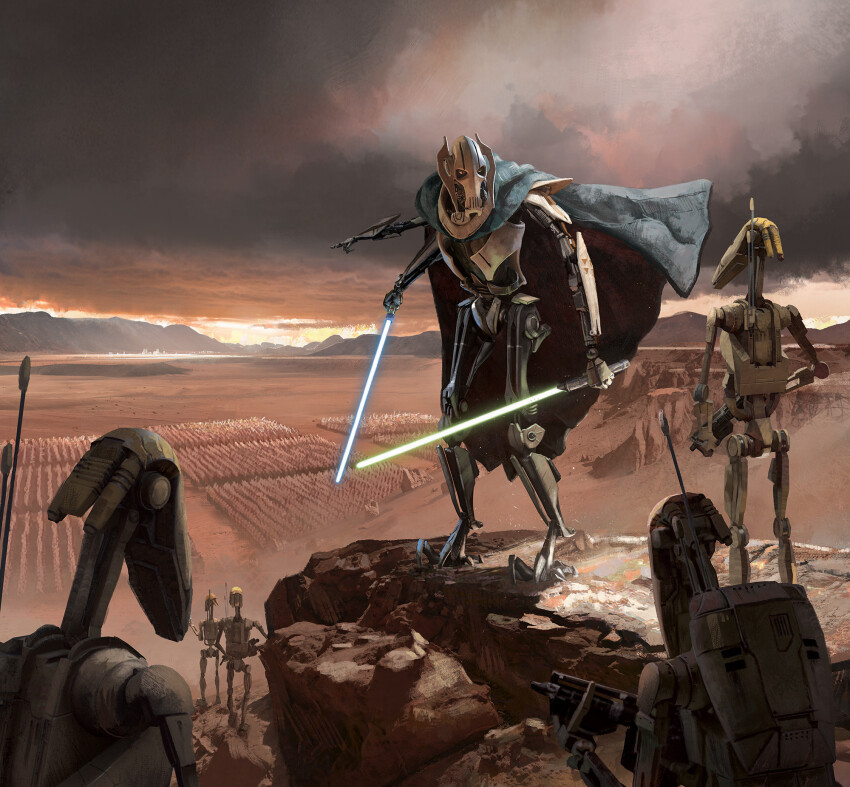 1boy 6+others army b1_battle_droid blake_rottinger blue_cape blue_lightsaber cape cloud desert dual_wielding energy_sword extra_arms general_grievous green_lightsaber grey_sky gun highres holding holding_gun holding_sword holding_weapon lightsaber multiple_others outdoors pointy_ears robot sky standing star_wars sword weapon