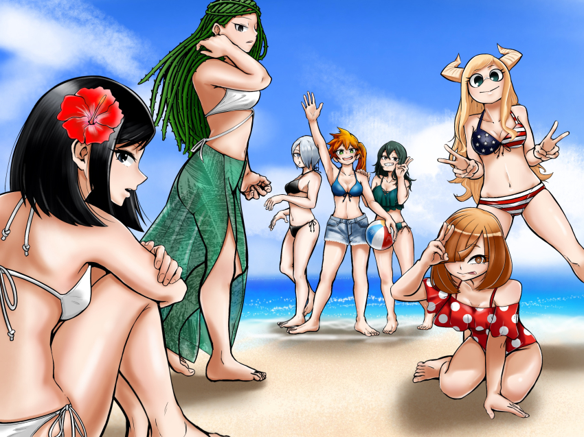 6+girls american_flag american_flag_bikini american_flag_print armpits artist_request ass back back-tie_bikini barefoot beach bikini black_bikini black_eyes black_hair blonde_hair blue_eyes boku_no_hero_academia breasts cleavage clenched_hands clenched_teeth collarbone day denim denim_shorts everyone expressionless eyelashes feet fingernails flag_print flag_print_bikini flower flower_on_head from_behind full_body ghost_pose green_bikini green_eyes green_hair grey_eyes grey_hair hair_over_one_eye happy highres horns huge_filesize kendou_itsuka knees_to_chest kodai_yui komori_kinoko large_breasts legs long_hair looking_at_viewer looking_back medium_breasts medium_hair midriff monster_girl multiple_girls navel neck ocean one-piece_swimsuit orange_hair outdoors parted_bangs parted_lips print_bikini profile red_one-piece_swimsuit sarong sharp_teeth shiny_clothes shiny_skin shiozaki_ibara short_shorts shorts side-tie_bikini_bottom side_ponytail sideboob sidelocks sitting sky smile soles standing summer swimsuit teeth thighs toenails toes tokage_setsuna tsunotori_pony v white_bikini yanagi_reiko