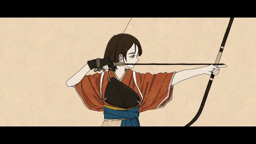 1girl archery arms_up arrow_(projectile) black_hair bow_(weapon) drawing_bow gloves highres holding holding_bow_(weapon) holding_weapon index_finger_raised japanese_clothes kimono kyuudou mani_mani_(vocaloid) muneate partially_fingerless_gloves partly_fingerless_gloves red_kimono short_hair solo ueda_tsubasa video_thumbnail weapon yugake yumi_(bow)