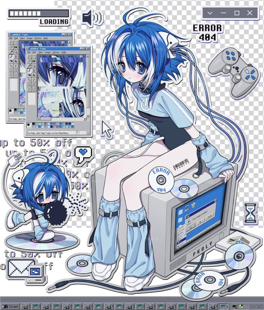 1girl aegyo_sal ahoge audio_cable audio_jack barcode blue_arm_warmers blue_eyes blue_hair blue_leg_warmers bomb cable_hair cd chibi chibi_inset cursor cyber_fashion detached_sleeves embarrassed english_text error_message explosive fake_transparency glitch hair_between_eyes hair_ornament heart_emoji highres holding leg_warmers loading_icon looking_at_viewer mail microsoft_paint_(software) microsoft_windows monitor multiple_views original pixel_art_inset pkolypop playstation_controller progress_bar recycle_bin short_hair shy window_(computing) windows_95 windows_98 windows_classic wire