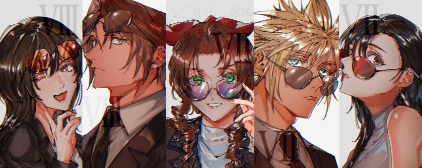 2boys 3girls :3 aerith_gainsborough alternate_costume alternate_eyewear aqua_eyes black_hair black_jacket black_necktie blonde_hair brown_eyes brown_hair closed_mouth cloud_strife collared_shirt earrings eyewear_on_head final_fantasy final_fantasy_vii final_fantasy_viii finger_to_cheek green_eyes grey_eyes grey_shirt hair_between_eyes hair_ribbon highres jacket jewelry long_hair multicolored_hair multiple_boys multiple_girls necktie one_eye_closed open_mouth parted_bangs parted_lips portrait red_ribbon ribbon ringlets rinoa_heartilly scar scar_on_face scar_on_forehead shio_ga shirt short_hair sidelocks single_earring smile spiked_hair squall_leonhart streaked_hair suit_jacket sunglasses tifa_lockhart upper_body white_background