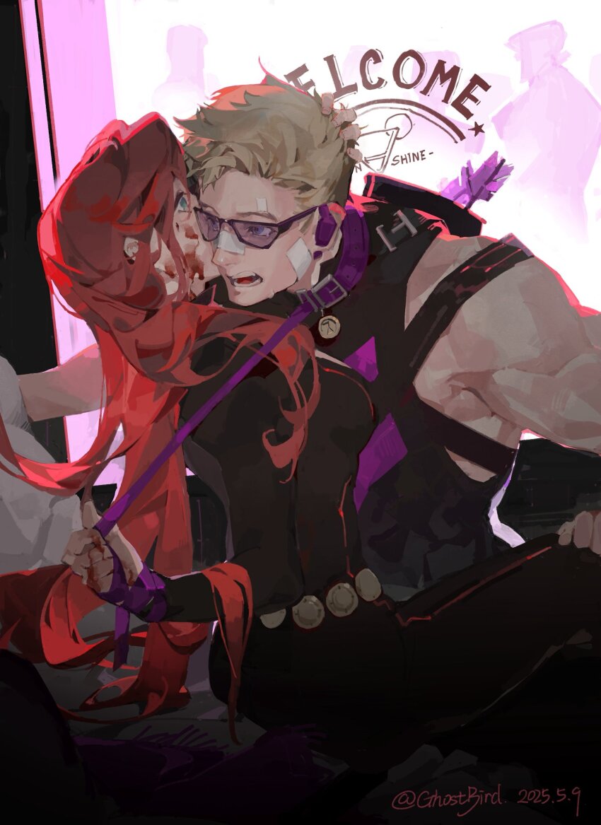 1boy 1girl arrow_(projectile) artist_name avengers_(series) bandaid bandaid_on_face bandaid_on_forehead bandaid_on_nose bare_shoulders black-framed_eyewear black_bodysuit black_gloves black_shirt black_widow blonde_hair blood blood_on_face blue_eyes bodysuit breasts clint_barton collar earpiece english_text fingerless_gloves gloves goggles green_eyes hand_up hawkeye_(marvel) hetero highres holding holding_leash leash long_hair looking_at_another marvel medium_breasts muscular muscular_male natasha_romanoff open_mouth purple-tinted_eyewear purple_collar red_hair shirt short_hair sitting sleeveless sleeveless_shirt star_(symbol) superhero_costume sweatdrop tearing_up teeth tinted_eyewear wavy_hair xingji20108