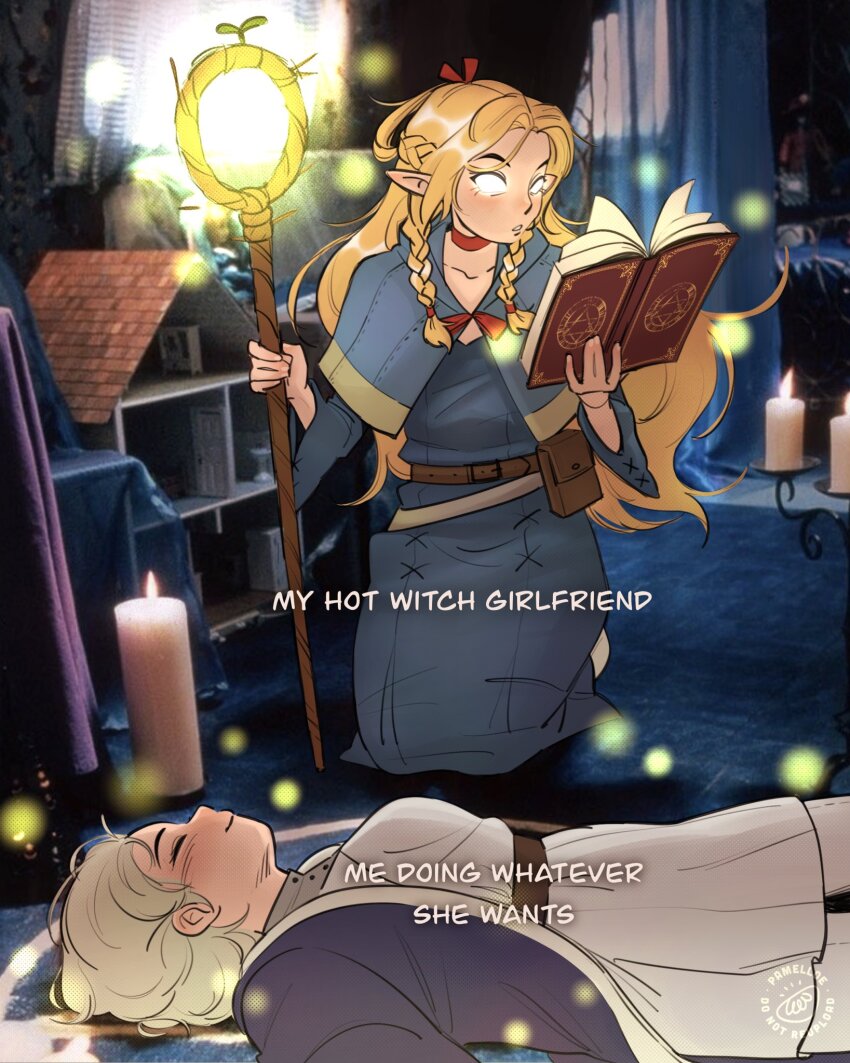 2girls ambrosia_(dungeon_meshi) belt belt_pouch blon blue_capelet blue_robe book bow braid candle capelet choker closed_eyes closed_mouth commentary curtains doll_house dungeon_meshi english_commentary english_text falin_touden fire glowing glowing_eyes highres long_hair lying magic marcille_donato medium_hair multiple_girls on_back photo_background pouch red_bow red_choker robe signature twin_braids yuri zoeee_hhh