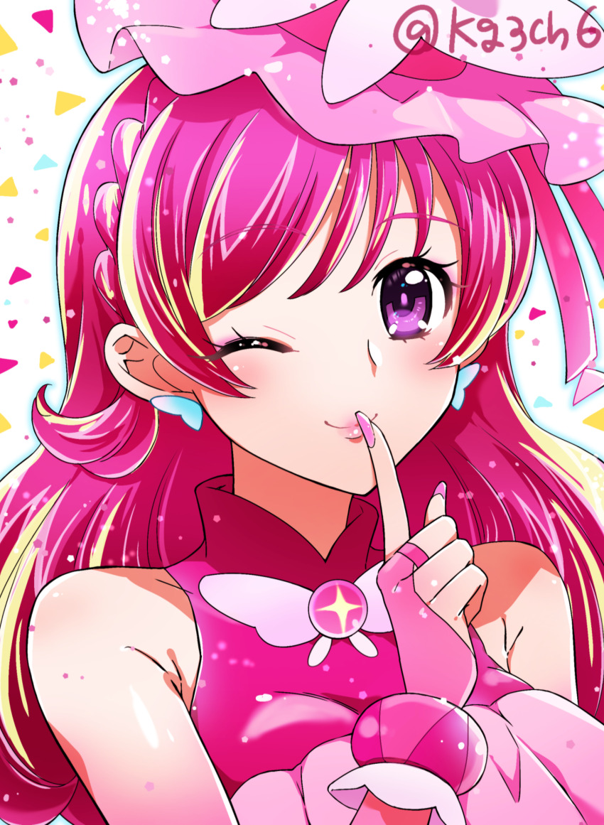 1girl blush braid brooch butterfly_earrings closed_mouth cosplay cropped_shirt cure_butterfly cure_butterfly_(cosplay) earrings finger_to_mouth frilled_shirt frills gloves hat highres hirogaru_sky!_precure jewelry kagami_chihiro kibou_no_chikara_otona_precure_&#039;23 lipstick long_hair magical_girl makeup mob_cap one_eye_closed pink_gloves pink_hair pink_hat pink_shirt precure shirt sleeveless sleeveless_shirt smile solo twitter_username upper_body wing_brooch wristband yes!_precure_5 yes!_precure_5_gogo! yumehara_nozomi