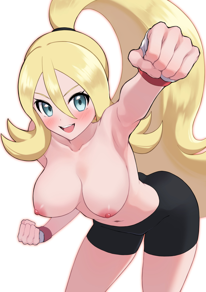 1girl :d absurdres armpits bike_shorts blonde_hair blush breasts clenched_hands collarbone commentary_request creatures_(company) fingerless_gloves game_freak gloves green_eyes hair_between_eyes hanging_breasts happy highres korrina_(pokemon) large_breasts leaning_forward long_hair looking_at_viewer maki_(letusgomaki) navel nintendo nipples open_mouth pokemon pokemon_xy ponytail smile solo teeth topless_female upper_teeth_only wakipai white_background white_gloves
