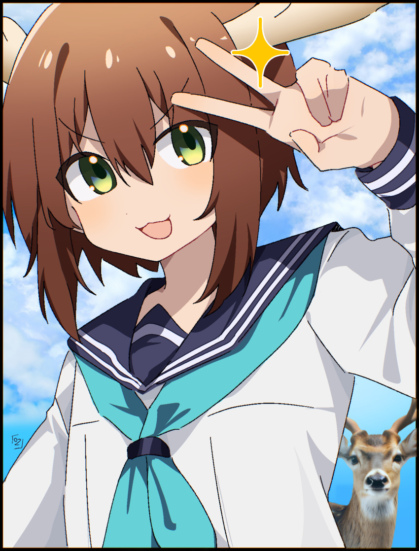 1girl animal arm_up blue_neckerchief blue_sailor_collar blue_sky brown_hair cloud commentary day deer english_commentary green_eyes highres long_sleeves looking_at_viewer neckerchief open_mouth outdoors oz_sumire sailor_collar school_uniform shikanoko_noko shikanoko_nokonoko_koshitantan shirt sky smile solo sparkle v white_shirt
