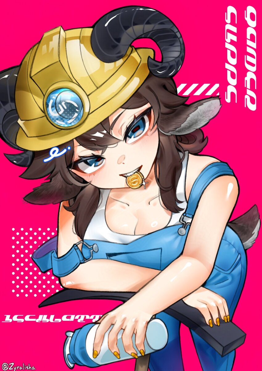 1girl animal_ears black_horns blue_eyes blue_overalls breasts brown_hair cleavage coin collarbone cup helmet highres holding holding_cup horizontal_pupils horns mining_helmet mouth_hold original overalls pickaxe pink_background sheep_ears sheep_girl sheep_tail solo strap_slip tail twitter_username yellow_helmet yellow_nails zyralitha