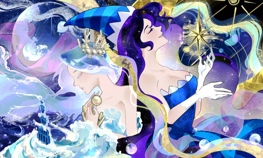 2girls bare_shoulders blue_dress blue_hair comb_over cookie_run cookie_run:_kingdom coral_hair_ornament dress hair_ornament highres humanization jewelry liquid_clothes liquid_dress liquid_hair long_hair looking_at_viewer moonlight_cookie multiple_girls pas_te11 sea_fairy_cookie very_long_hair water water_dress