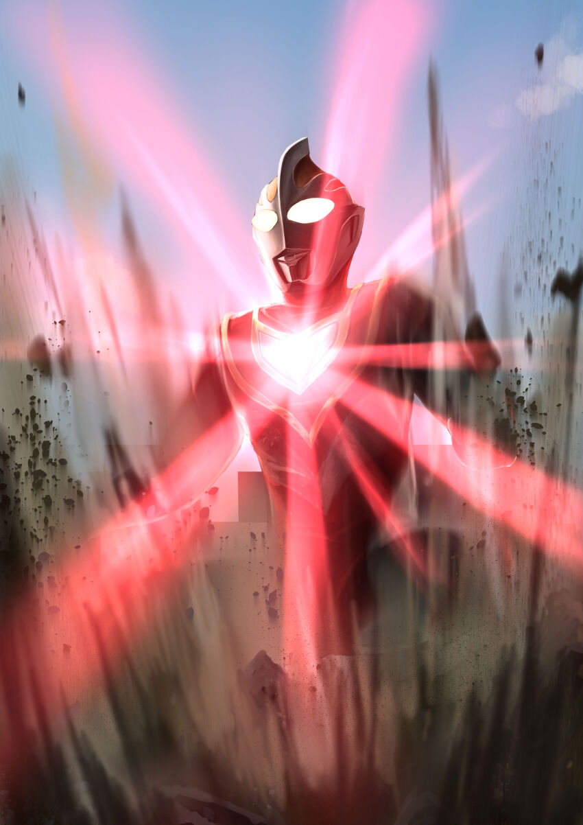 1boy absurdres alien armor aura blue_sky breastplate building city cityscape clenched_hands cloud color_timer colored_skin commentary compound_eyes day debris destruction diffraction_spikes disintegration dorsal_fin dust_cloud feet_out_of_frame gattyo giant glowing glowing_chest glowing_eyes gold_trim highres landing legs_apart looking_ahead male_focus multicolored_skin outdoors pectorals red_aura red_skin silver_skin sky solo squatting tokusatsu ultra_series ultraman_gaia ultraman_gaia_(series) white_eyes