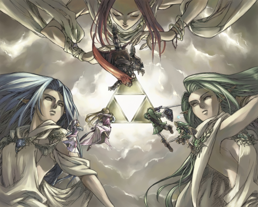 3boys 6+girls absurdres bad_id bad_pixiv_id blonde_hair blue_hair bracelet cape din dual_persona fairy farore ganondorf gloves gogo_(key-ring) hat highres jewelry long_hair lots_of_jewelry multiple_boys multiple_girls navi nayru nintendo pointy_ears princess_zelda red_hair robe shield sword the_legend_of_zelda the_legend_of_zelda:_ocarina_of_time weapon