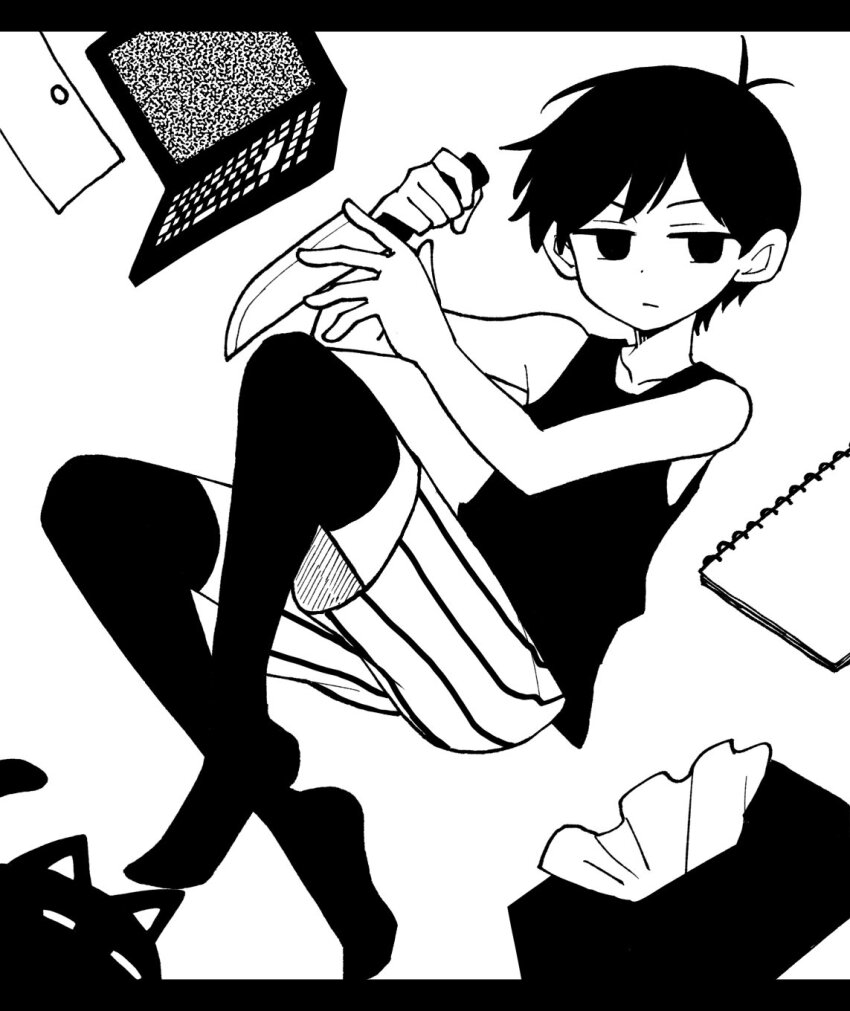 1boy animal antenna_hair bare_arms bare_shoulders cat closed_mouth computer door doroidsan dot_nose empty_eyes greyscale hair_behind_ear hands_up hatching_(texture) high_contrast highres holding holding_knife in-universe_location knees_up knife laptop letterboxed lying male_focus mewo monochrome no_pupils notebook omori omori_(omori) on_back reverse_grip serious short_hair shorts simple_background solo striped_clothes striped_shorts swept_bangs tank_top thighhighs tissue_box v-shaped_eyebrows vertical-striped_clothes vertical-striped_shorts white_background