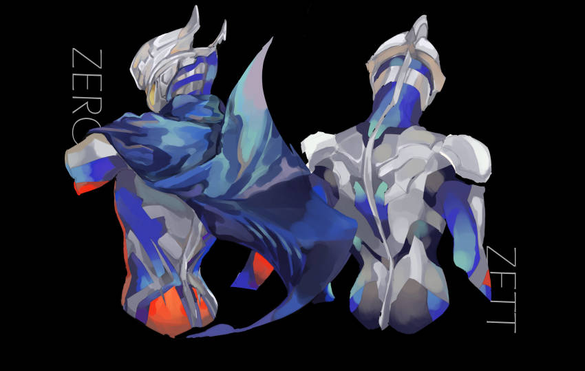 2boys absurdres back black_background blue_cape cape character_name english_text highres male_focus multiple_boys niza simple_background ultra_series ultraman ultraman_(1st_series) ultraman_z ultraman_z_(original) ultraman_z_(series) ultraman_zero ultraman_zero_beyond