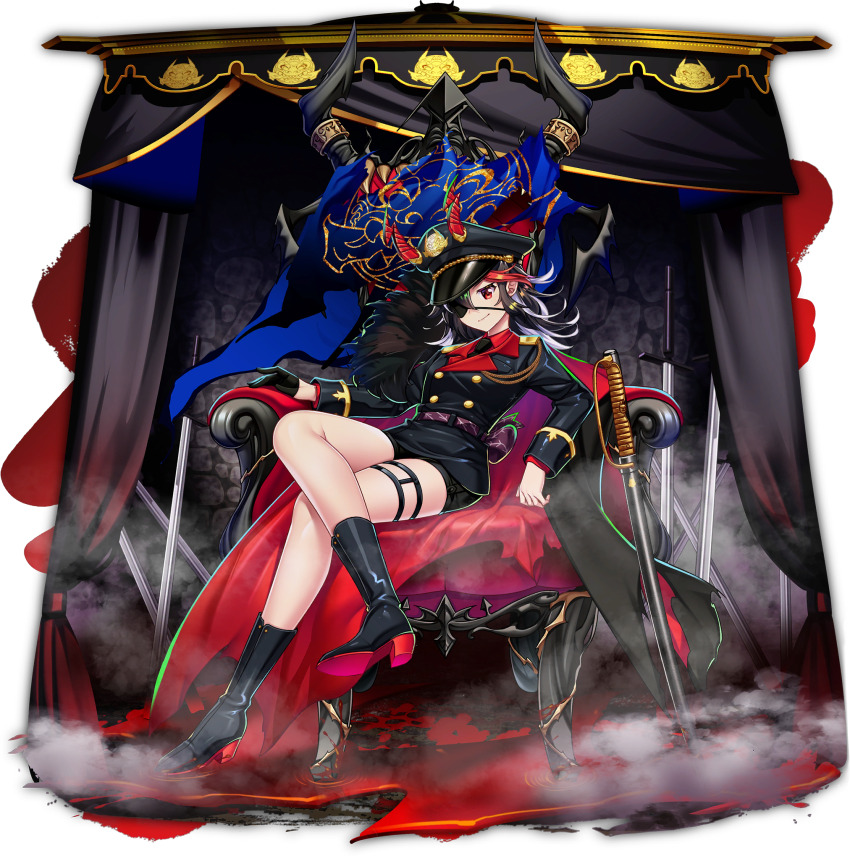 1girl alternate_costume black_boots black_gloves black_hair black_hat black_jacket black_necktie black_shorts blood boots buttons closed_mouth collared_shirt colored_shoe_soles crossed_legs double-breasted emblem eyepatch game_cg gloves grey_hair half_gloves hat high_heel_boots high_heels highres jacket kijin_seija long_hair long_sleeves looking_at_viewer multicolored_hair necktie official_art planted planted_sword planted_weapon pool_of_blood red_eyes red_hair red_shirt rotte_(1109) sheath sheathed shirt shoe_soles shorts single_glove sitting sitting_on_throne smile solo streaked_hair sword thigh_strap third-party_source throne touhou touhou_lostword transparent_background unsheathed weapon