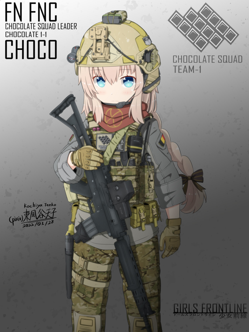1girl absurdres assault_rifle belgian_flag blonde_hair blue_eyes english_text fn_fnc fnc_(girls&#039;_frontline) girls&#039;_frontline gun headset highres holding holding_gun holding_weapon kochiya_tenko military rifle tactical_clothes weapon
