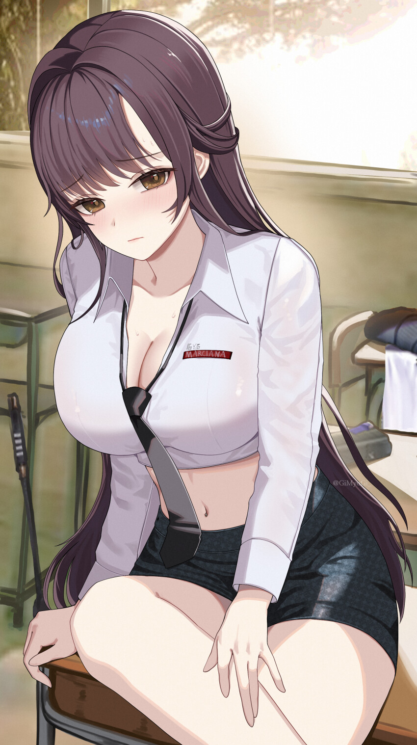 1girl absurdres black_necktie black_skirt blush breasts brown_eyes brown_hair chair classroom cleavage closed_mouth collarbone collared_shirt commentary_request crop_top cropped_shirt desk gimyogi goddess_of_victory:_nikke hair_between_eyes highres indoors large_breasts long_hair long_sleeves looking_at_viewer loose_necktie marciana_(nikke) marciana_(school_days)_(nikke) midriff name_tag navel navel_piercing necktie official_alternate_costume on_desk pencil_skirt piercing riding_crop school_chair school_desk shadow shirt sidelocks sitting skirt solo sweat twitter_username wet wet_clothes wet_shirt white_shirt window