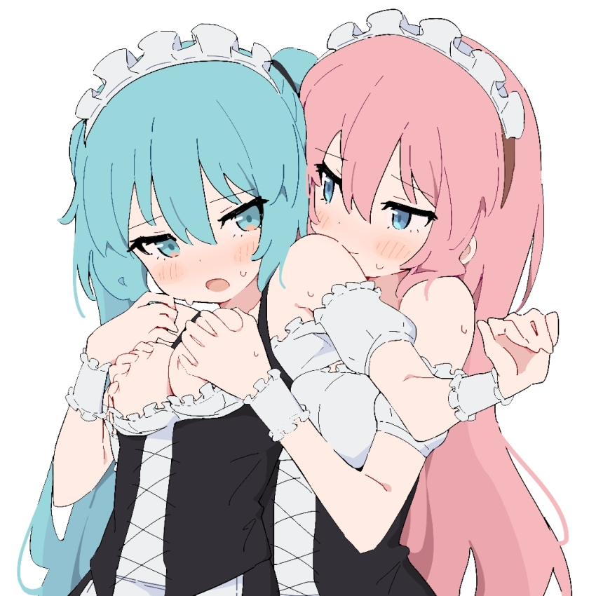 2girls black_corset blue_eyes blue_hair blush breasts breasts_out clothes_pull commentary_request corset detached_sleeves giryu grabbing_another&#039;s_breast grabbing_from_behind groping hatsune_miku maid_headdress megurine_luka multiple_girls open_mouth pink_hair shirt shirt_pull simple_background sweat twintails upper_body vocaloid white_background white_headdress white_shirt yuri