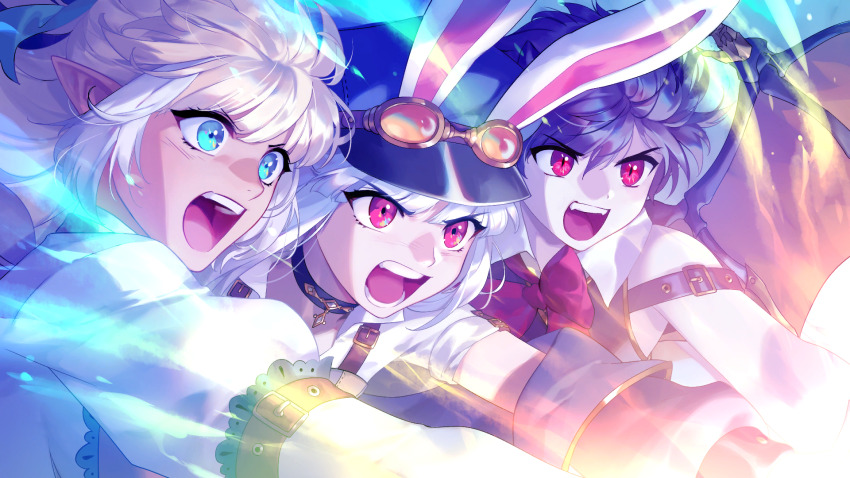 1boy 2girls animal_ears artist_request black_hair blonde_hair blue_eyes celia_(tevi) check_artist demon_boy demon_wings ein_lee game_cg goggles goggles_on_headwear highres multiple_girls non-web_source open_mouth pointy_ears rabbit_ears rabbit_girl red_eyes sable_(tevi) short_sleeves teeth tevi tevi_(character) upper_teeth_only white_hair wings