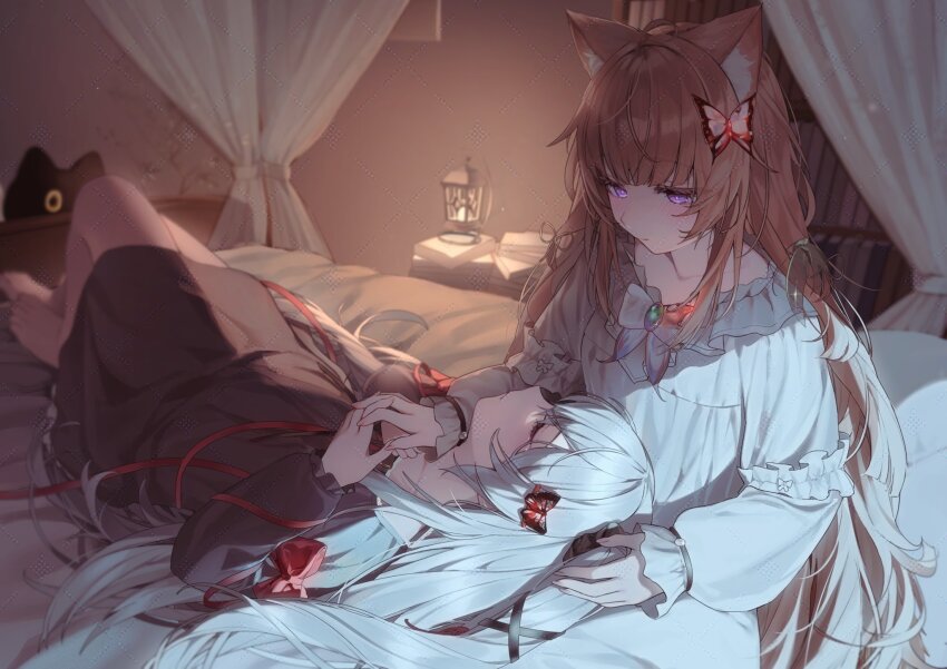2girls animal_ears barefoot bed black_dress bookshelf brown_hair butterfly_hair_ornament canopy_bed closed_eyes closed_mouth commentary_request dress hair_ornament highres holding_hands indoors lantern lap_pillow long_hair long_sleeves lying multiple_girls nen_0405 nightgown on_bed original purple_eyes sitting sparkle stuffed_toy tail very_long_hair white_dress yuri