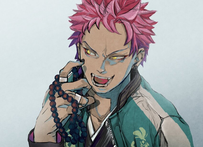 1boy beads black_collar black_nails black_shirt blue_background collar collarbone collared_jacket colored_eyelashes ear_piercing eyelashes fangs finger_to_cheek green_jacket harai_kuko holding hypnosis_mic jacket jewelry looking_to_the_side male_focus multiple_rings nail_polish open_clothes open_jacket open_mouth piercing pink_hair prayer_beads ranko_no_ane ring shirt short_hair smile solo spiked_hair teeth upper_body v-neck v-shaped_eyebrows yellow_eyes zipper zipper_pull_tab