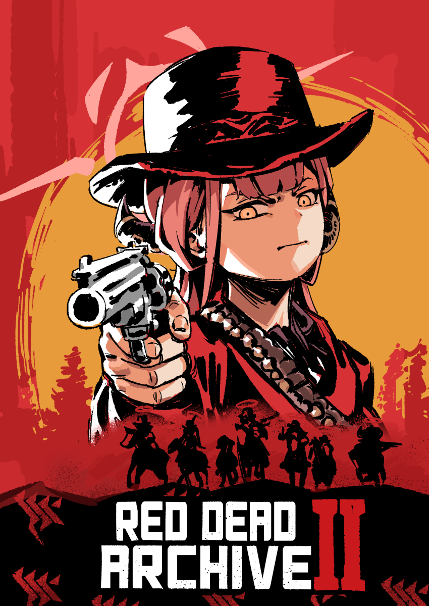 1girl 6+others absurdres ammunition_belt arthur_morgan arthur_morgan_(cosplay) aru_(blue_archive) black_hat blue_archive brand_name_imitation cosplay cowboy_hat demon_horns derivative_work frown gehenna_academy_logo gun handgun hat highres holding holding_gun holding_weapon horns jacket johnlim long_hair multiple_others parody pink_hair red_background red_dead_redemption_(series) red_dead_redemption_2 red_jacket revolver silhouette video_game_cover_redraw weapon yellow_eyes