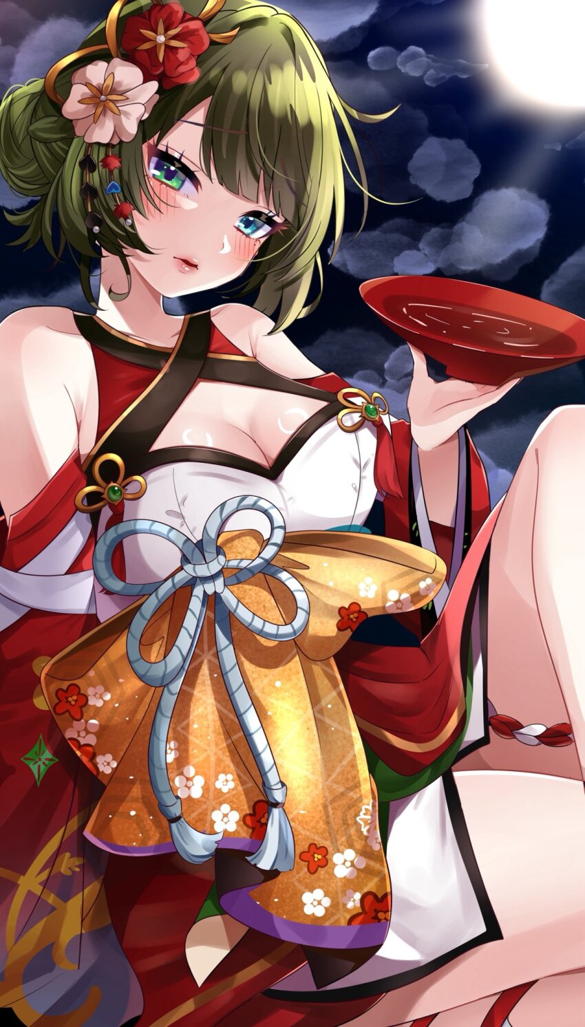 1girl bare_shoulders blue_eyes blush bow breasts cleavage collarbone cup detached_sleeves flower green_eyes green_hair hair_bun hair_flower hair_ornament heterochromia highres holding holding_cup idolmaster idolmaster_cinderella_girls inairego116 japanese_clothes kimono large_bow looking_at_viewer medium_breasts mole mole_under_eye orange_bow parted_lips red_kimono sakazuki short_hair solo takagaki_kaede thighs two-tone_kimono white_kimono