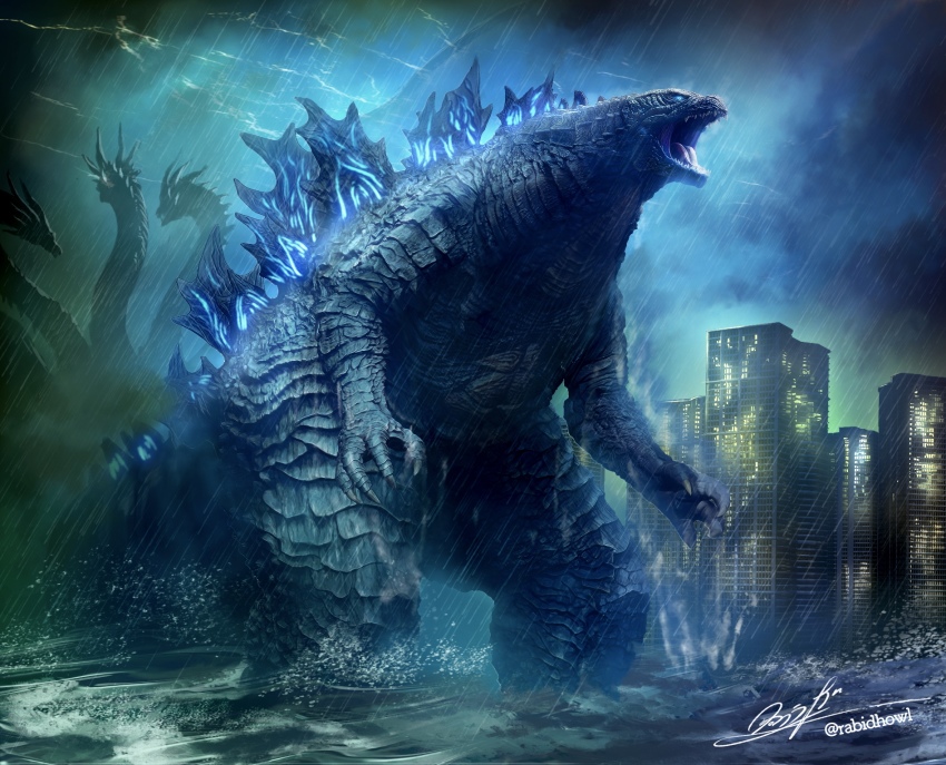 alien building city cityscape conjoined dinosaur dragon electricity epic glowing glowing_eyes glowing_spikes godzilla godzilla:_king_of_the_monsters godzilla_(series) hanekura_bou highres horns hydra kaiju king_ghidorah legendary_pictures lightning monsterverse multiple_heads night ocean rain realistic roaring scales spikes tail toho tree water wings